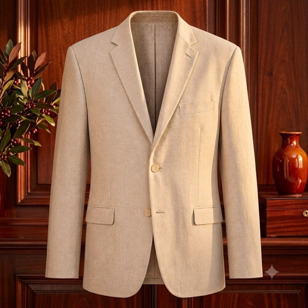 Saddlebred Mens Blazer 48R Beige Tan 100% Cotton 2-Button Sport Coat Gingham